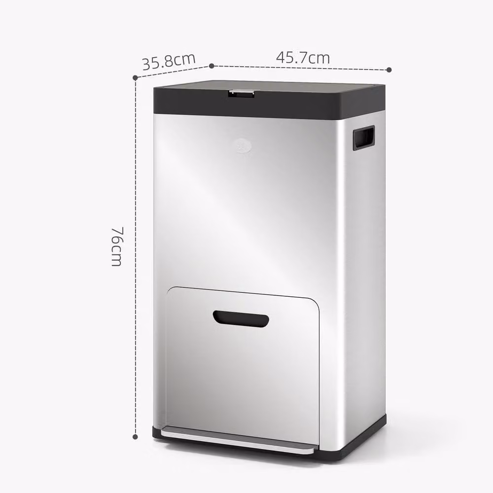 STILVORA 56L Triple Compartment Stainless Steel Kitchen Bin with Wheels and Pedal in Silver – 4