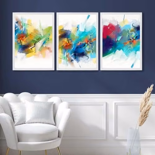 ARTZE Set of 3 Abstract Pink, Blue and Yellow Fractal Wall Art with White Wood Frames, W: 45 cm, H: 62 cm, D: 2 cm