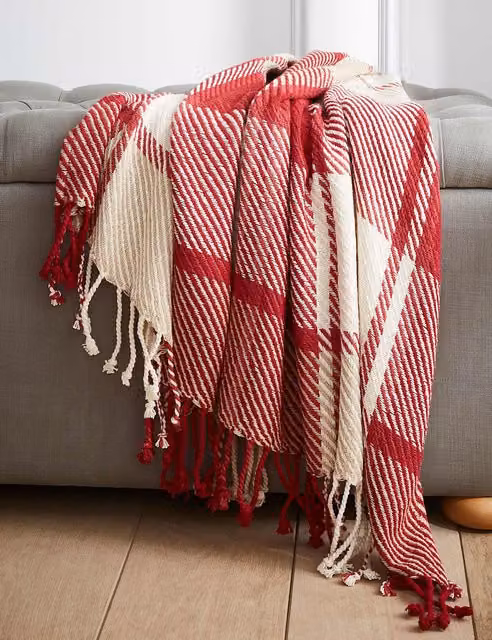 Laura Ashley Dylan Checked Pure Cotton Woven Throw with Fringes in Red Mix