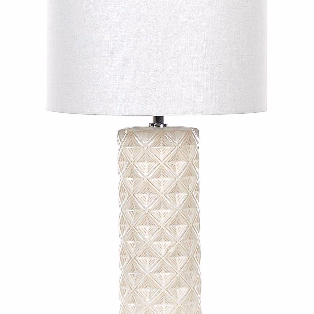 Wyld and Coco Geometric Beige Ceramic Table Lamp with White Fabric Drum Shade, Height: 49 cm – 2