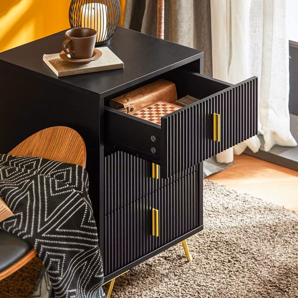 SoBuy 3 Drawer Bedside Table with Ribbed Front and Gold Handles in Black, Height: 63 cm – 4