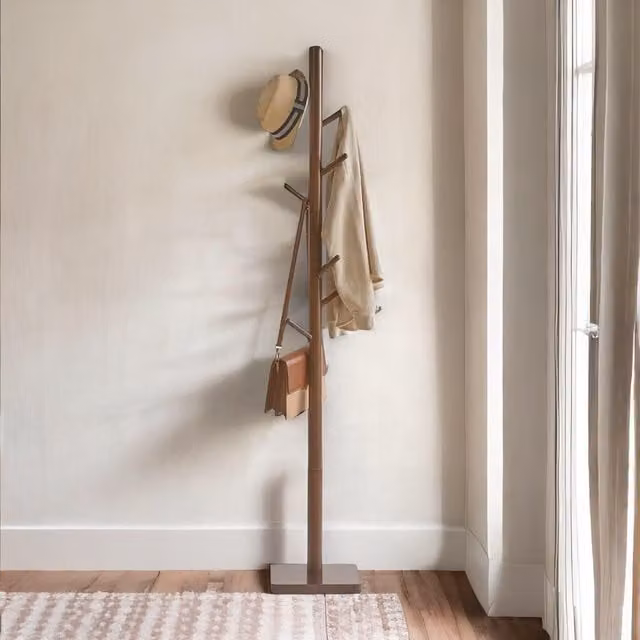 FURNOS Wooden Coat Stand with 8 Hooks and Square Base, Brown, H 176 x W 29 x D 29 cm