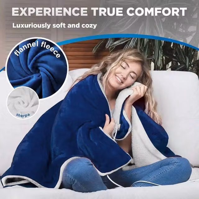 Livingandhome Blue Flannel Electric Heated Blanket Throw with Timer and Machine Washable Design