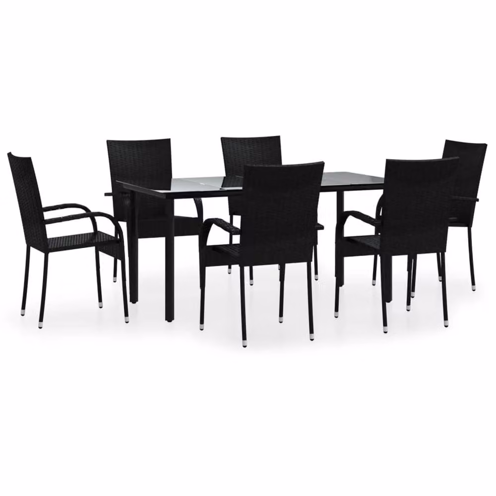 Berkfield Home Beautiful 7 Piece Black Poly Rattan Garden Dining Set with Glass Top Table – 3