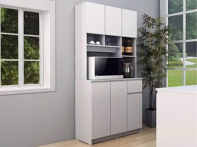 Vente-unique NIZALI Modern White Kitchen Buffet Tall Unit with 6 Doors, 1 Drawer and 5 Recesses, W/D/H: 181.4 x 39.9 x 89.6 cm