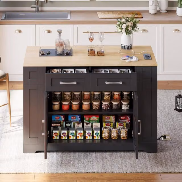 Aosom UK Mobile Kitchen Island with Foldable Tabletop and Sockets, Black and Natural Storage Buffet with Adjustable Shelves, W: 120 cm, D: 65 cm, H: 92 cm