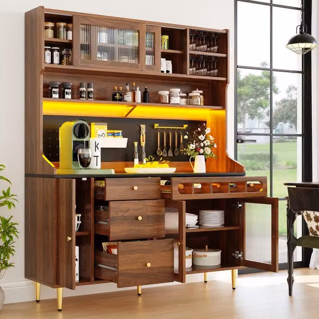 Aosom UK Modern Freestanding Highboard with LED Lighting and Glass Doors in Brown, W: 39 cm, D: 39 cm, H: 171 cm