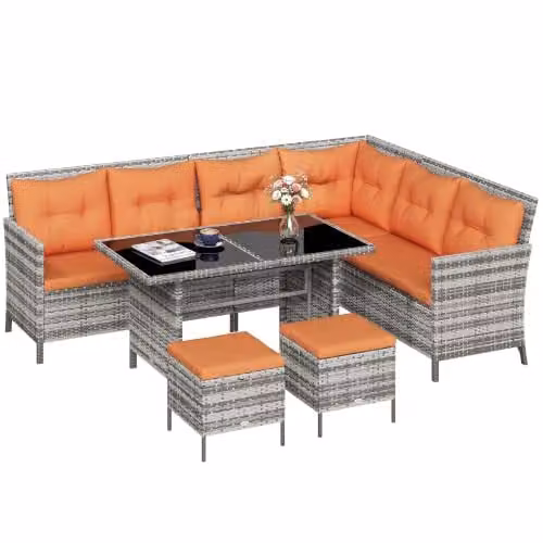 Outsunny 6-Piece L-Shape Polyrattan Garden Furniture Set with Orange Cushions and Coffee Table for 8 Adults