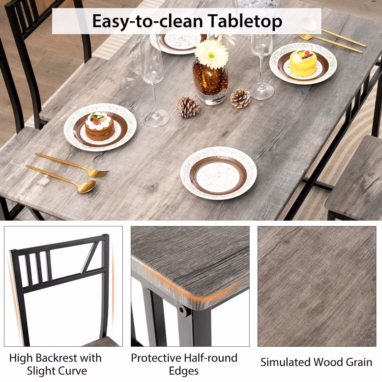 Costway Industrial 5 Piece Dining Set with Rectangular Table and 4 Chairs in Grey – 5