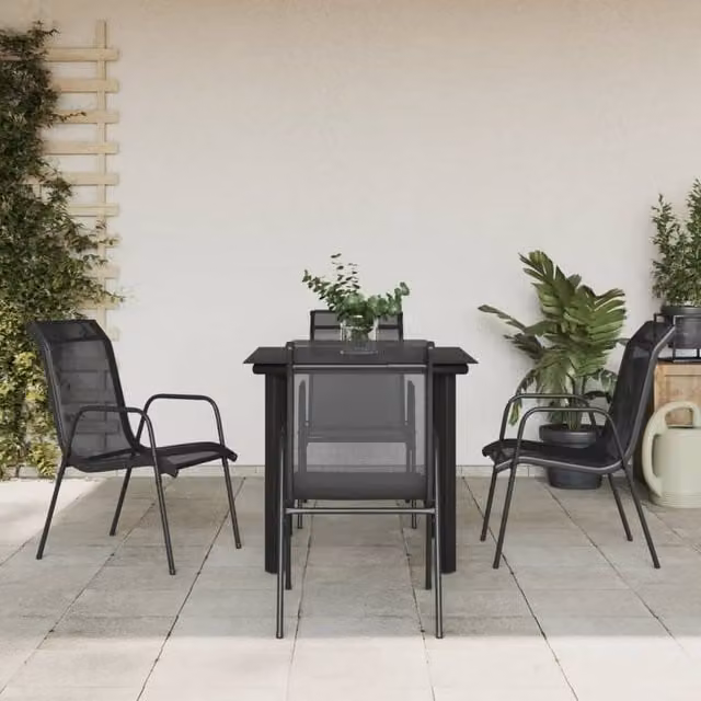Berkfield Home 5 Piece Garden Dining Set in Black Steel and Textilene