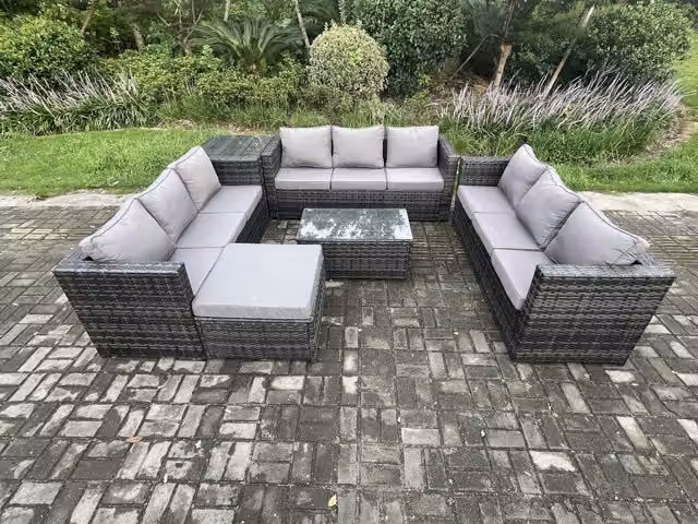 Fimous 10 Seater Outdoor Lounge Garden Furniture Set in Dark Grey Mixed Rattan with Upholstered Cushions, Coffee Table and Ottoman
