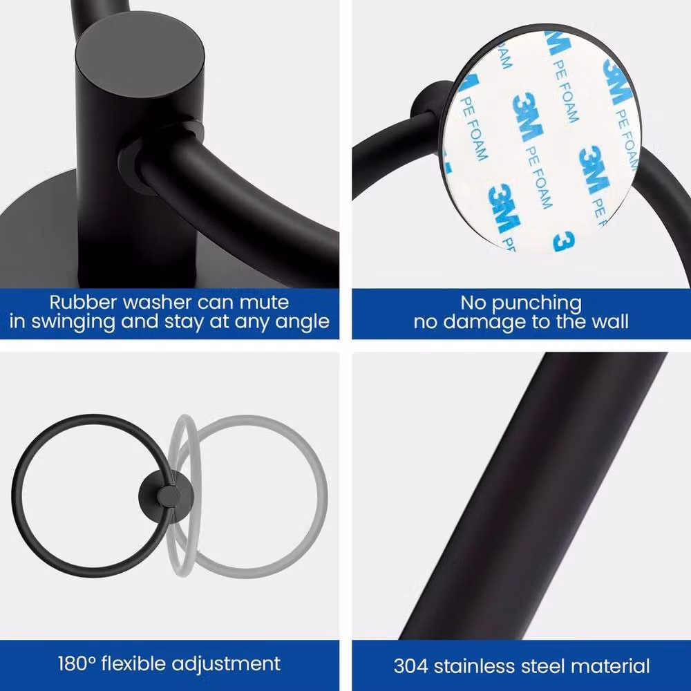 Kelvenix Black Stainless Steel Self-Adhesive Toilet Paper Holder and Hand Towel Ring Set – 3