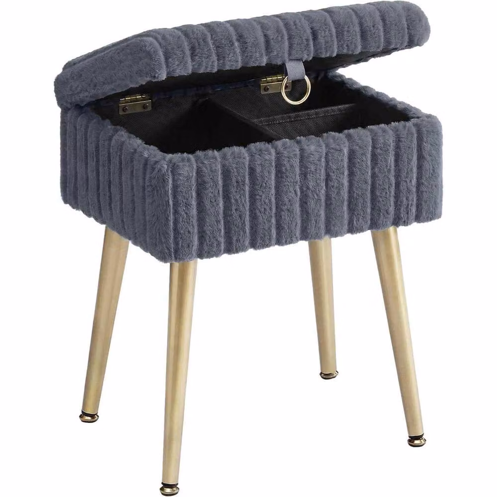 The Bazaarist Dressing Stool with Storage and Upholstered Metal Legs in Dark Grey – 2