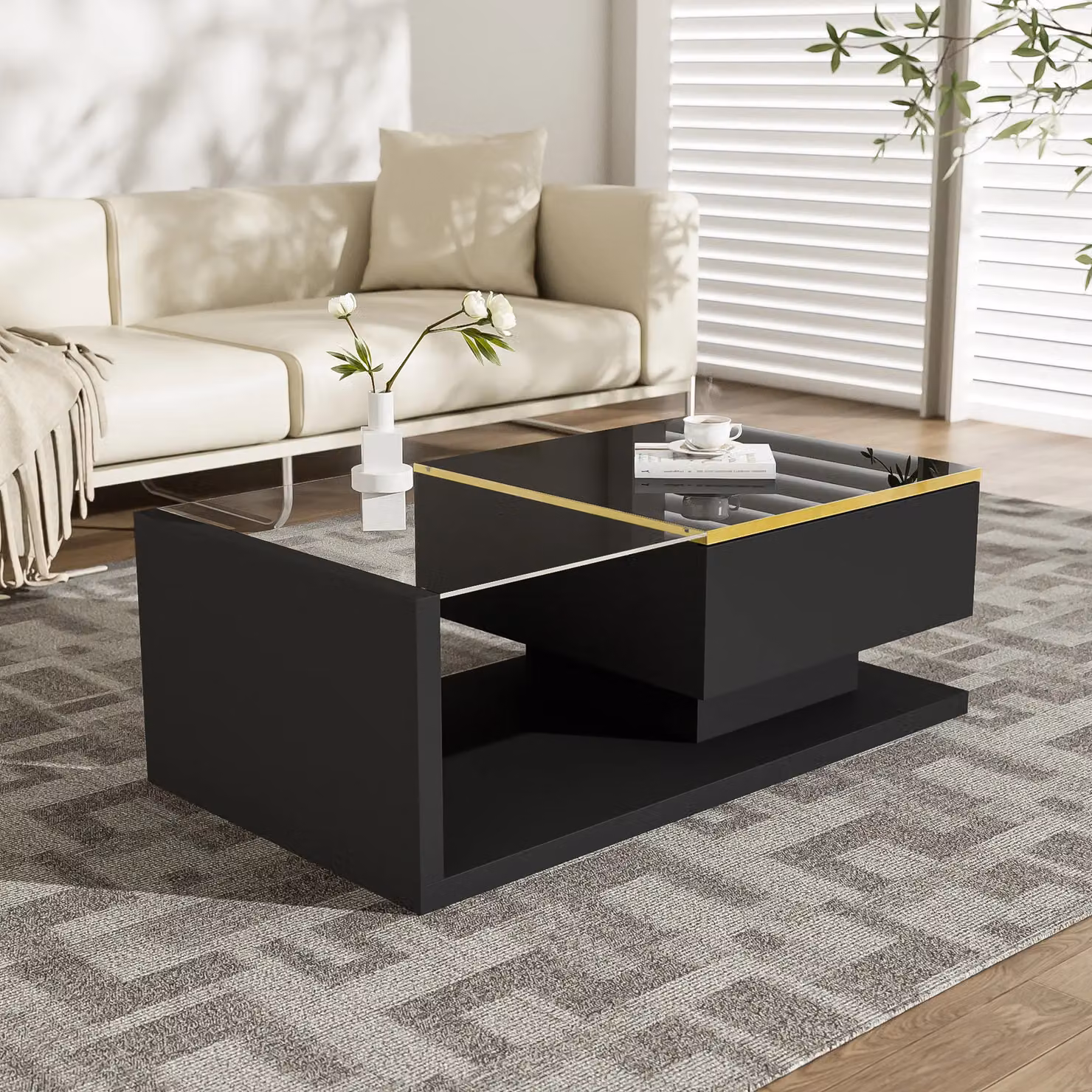 Matteo Modern High-Gloss Black Rectangular Coffee Table with Glass Top and Storage – 5