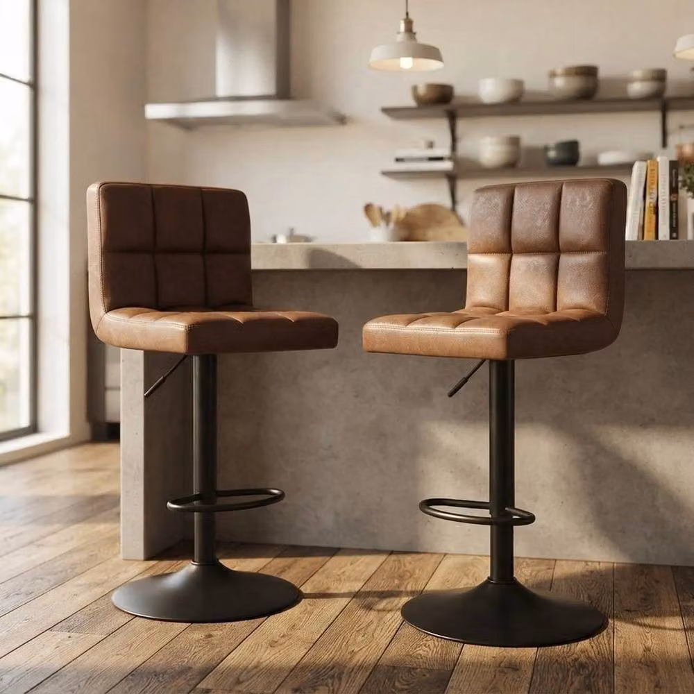 FORGEVIO Set of 2 Modern Faux Leather Bar Stools in Brown with Metal Frame – 3