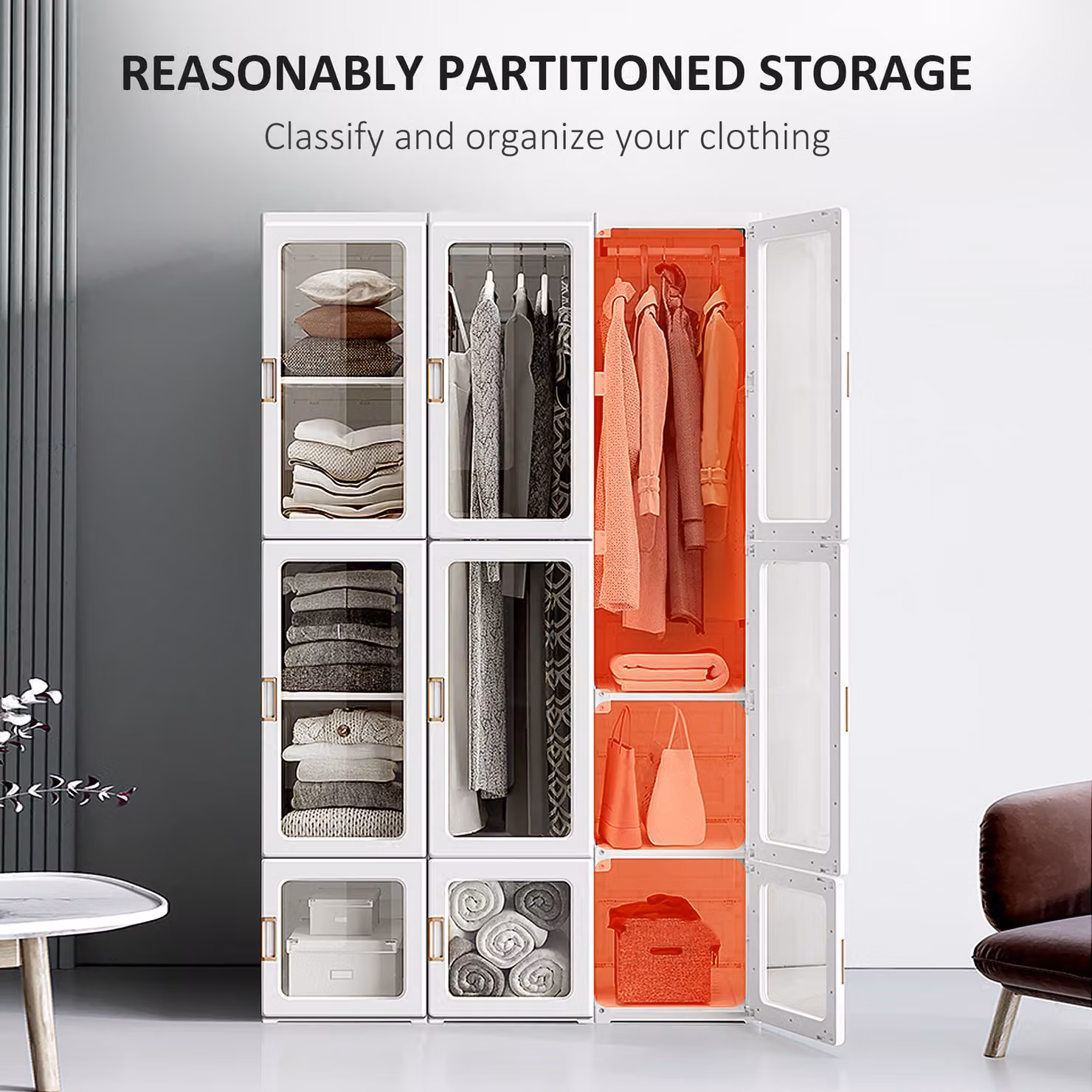 HOMCOM Modern White Wardrobe with Glass Doors and Hanging Rod, H: 170.0 cm x W: 104.0 cm x D: 21.8 cm – 3