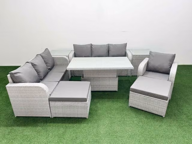 Fimous 9 Seater Poly Rattan Outdoor Garden Furniture Set in Grey with Adjustable Lifting Coffee Table, 3 Seater Sofa, Reclining Chairs and Ottoman