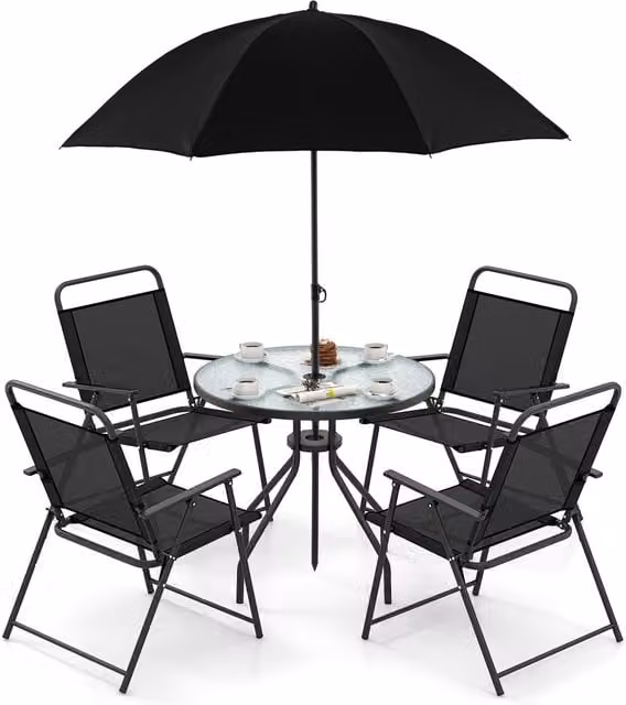 COSTWAY 6 Piece Modern Round Outdoor Dining Set with Glass Table and Chairs in Black