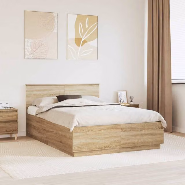 Berkfield Home Sonoma Oak Bed Frame in Brown with Under-Bed Lighting and USB Charging Port, W/D/H: 140 x 200 cm