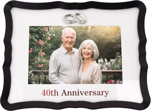 Happy Homewares Modern 40th Ruby Anniversary Landscape 10x15 cm Picture Frame in Matte Black Metal with Red Text and Silver Rings – 4