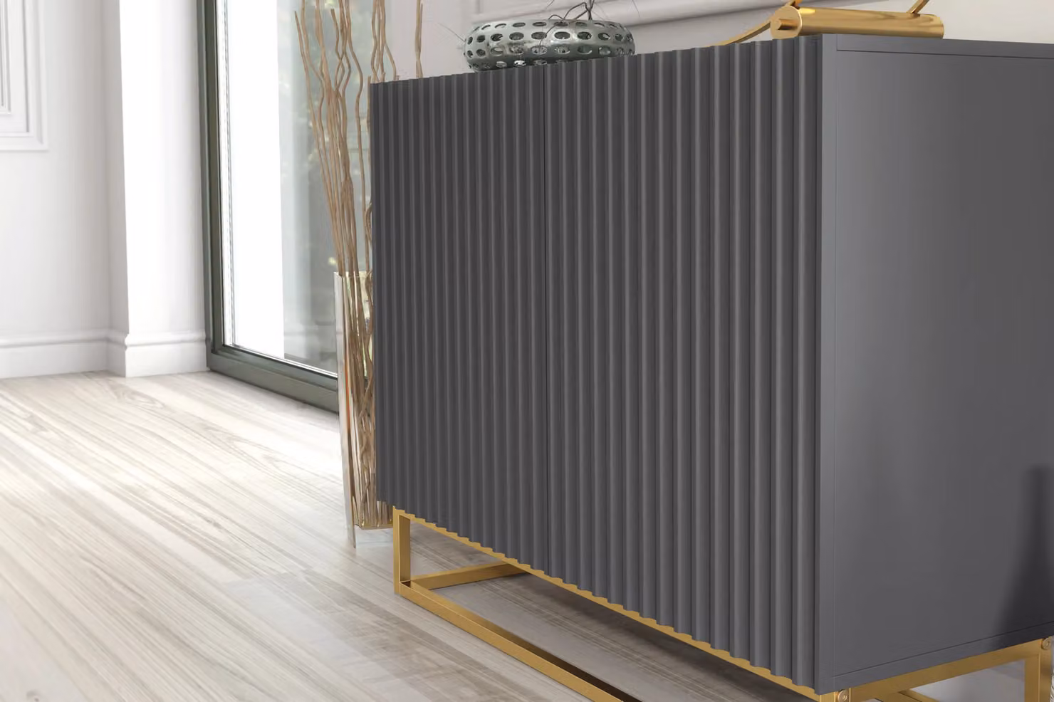 Creative Furniture Ripple Sideboard in Dark Grey and Gold, Modern Fluted Design, W: 100 cm, H: 80 cm, D: 35 cm – 4