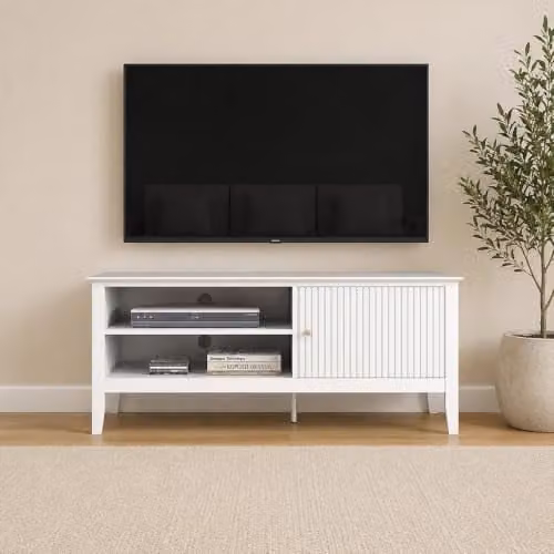 Melody Maison Modern White Wooden Fluted TV Cabinet with Hinged Doors and Internal Shelves W/D/H: 120 x 50 x 40 cm
