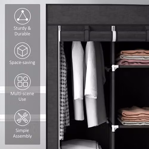 HOMCOM Fabric Wardrobe with Roll Shutter and Internal Shelves in Black, W/D/H: 125 x 43 x 162.5 cm – 5