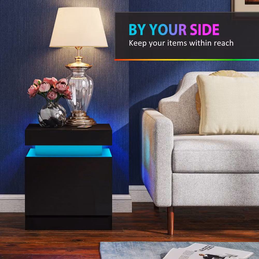 STILVORA Modern Black Glossy Bedside Table with Integrated LED Lighting and 2 Drawers – 7