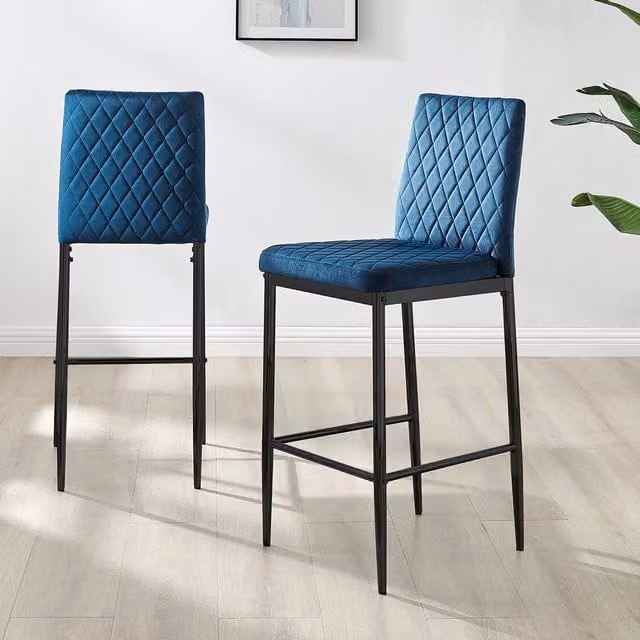 FurnitureboxUK Set of 2 Modern Milan Velvet Bar Stools in Navy Blue with Black Legs