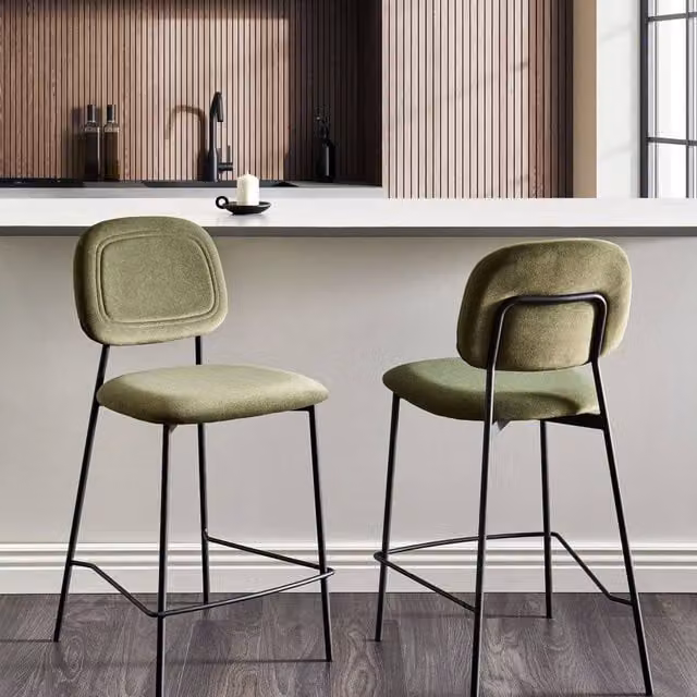 Wyld and Coco Set of 2 Olive Green Velvet Counter Height Bar Stools with Black Iron Legs