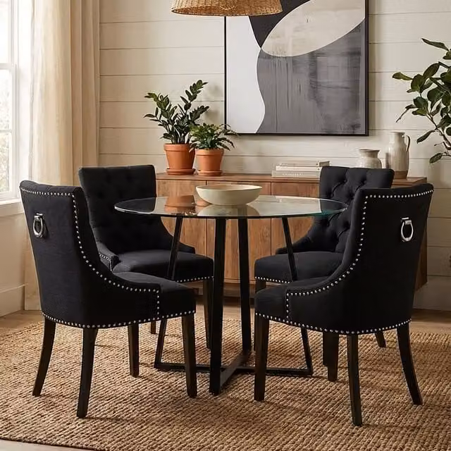 Orsina Modern Round Transparent Glass Dining Table with Black Metal X-Frame Legs