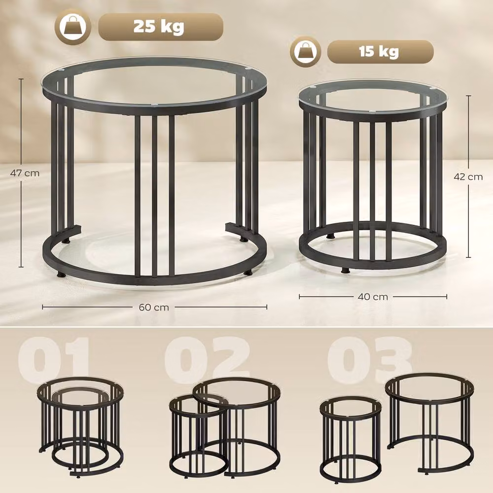 HOMCOM Set of 2 Round Nesting Coffee Tables with Black Tempered Glass Tops – 3