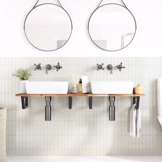 Berkfield Home Elegant Wall Mounted Basin Shelf in Brown Acacia Wood and Black Steel – 1