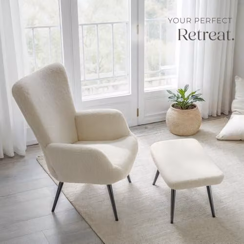 tectake Scandi Style Armchair with Ottoman in Cream Bouclé and Black Metal Legs – 6