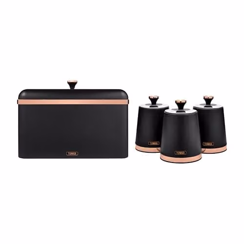 Tower Cavaletto Bread Bin with Removable Lid and Set of 3 Airtight Storage Canisters for Coffee, Sugar and Tea in Black and Gold Stainless Steel – 1