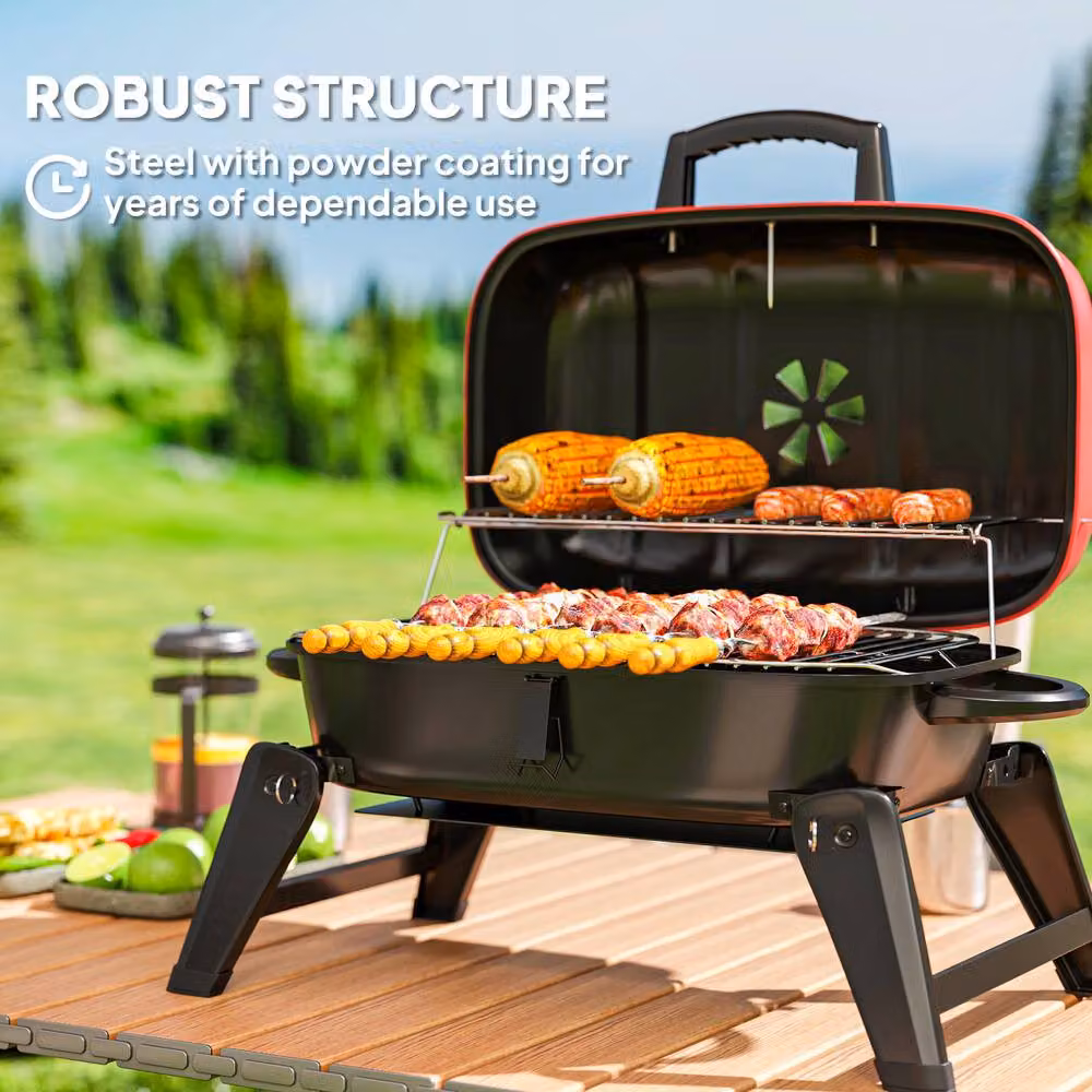 Rolipo Red Folding Charcoal Kettle BBQ Grill with Thermometer and Warming Rack – 10