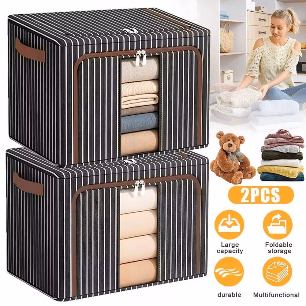 KORVIXA 2-Piece Set of 100L Foldable Fabric Storage Boxes in Black – 4