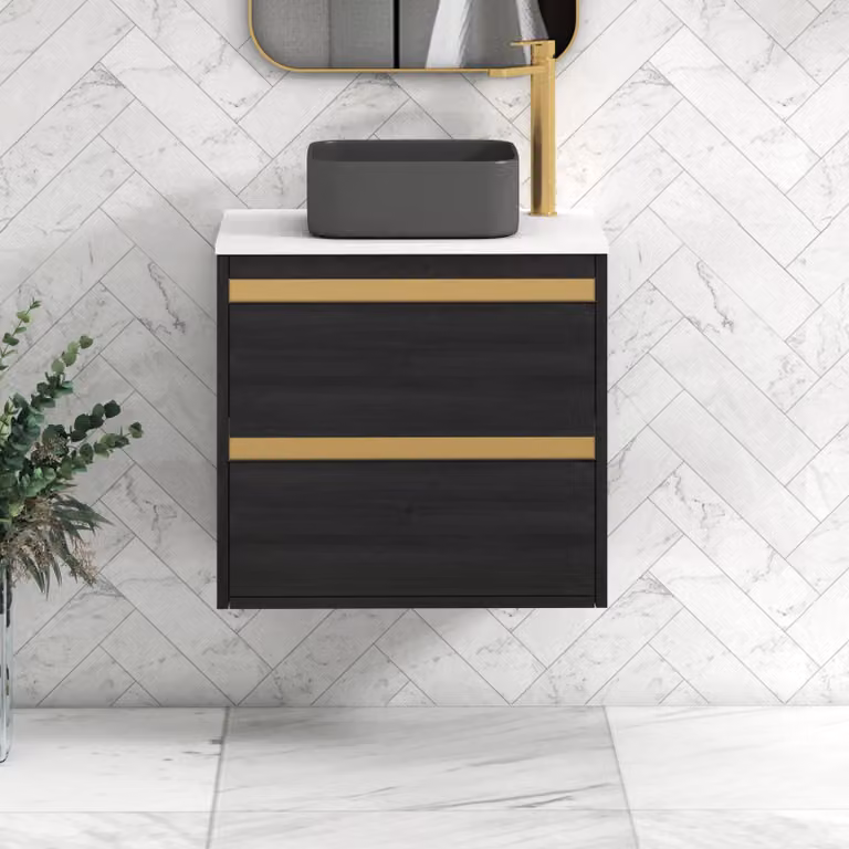 Royal Bathrooms Orion 600mm Hale Black Wall Hung Vanity Unit with 2 Drawers, White Art Square Basin and Brushed Brass Accent Trim