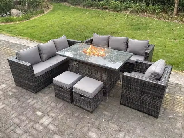 Fimous Rattan Garden Furniture Set with Gas Fire Pit Dining Table and Small Stools in Dark Grey