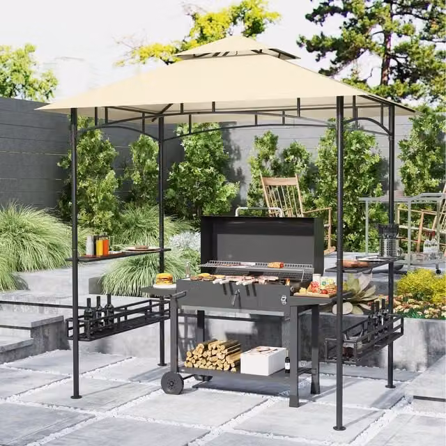 Outsunny Grill Gazebo Canopy with 2 Side Shelves and Hook in Beige