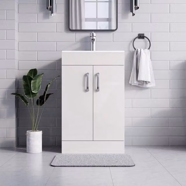 FORGEVIO White Glossy Modern Freestanding Bathroom Vanity Unit with Soft Close Hinged Doors, Width: 60 cm