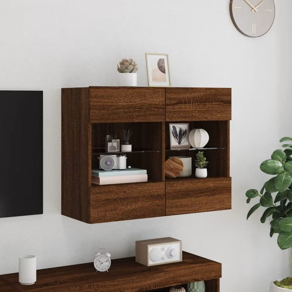 Berkfield Home Modern TV Wall Cabinet with LED Lights in Brown Oak, W: 78.5 cm, D: 30 cm, H: 60.5 cm – 3