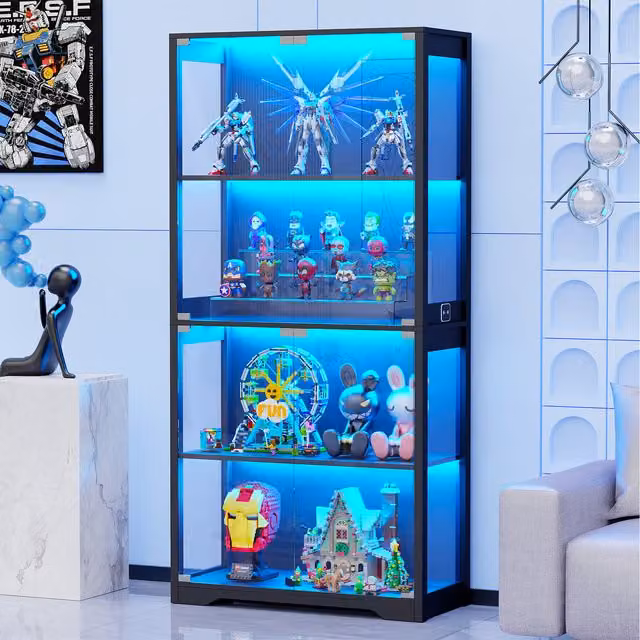 BROTTAR Black Display Cabinet with Glass Doors and Integrated LED Lighting, H 165.1 x W 80.0 x D 35.56 cm