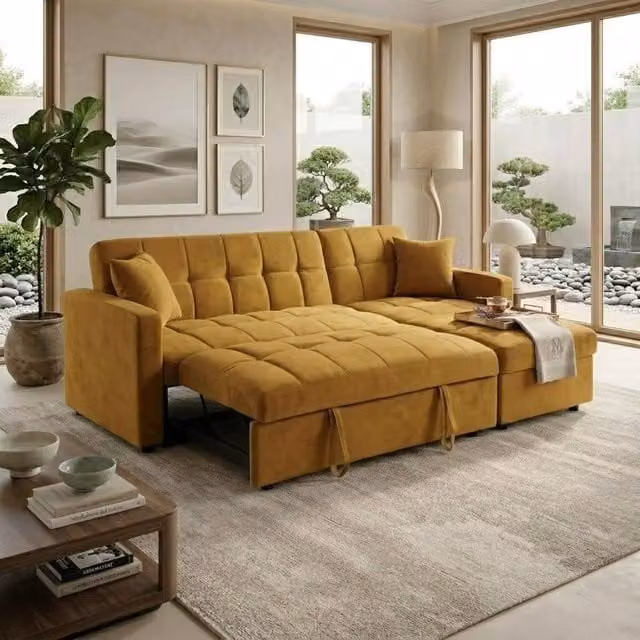 Bed Time UK Luxora L-Shaped 3 Seater Sofa Bed with Storage Chaise in Yellow