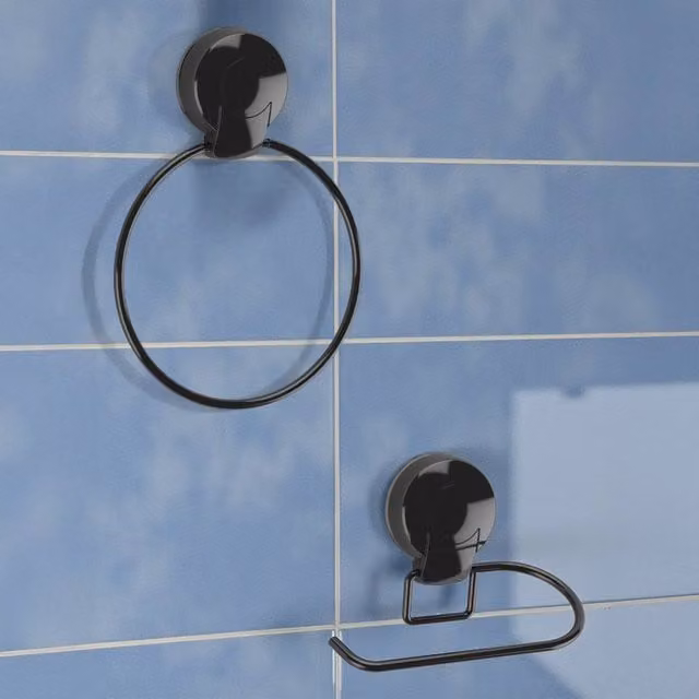 Showerdrape Suctionloc Black Steel Enamel 2 Piece Wall Mounted Bathroom Accessory Set