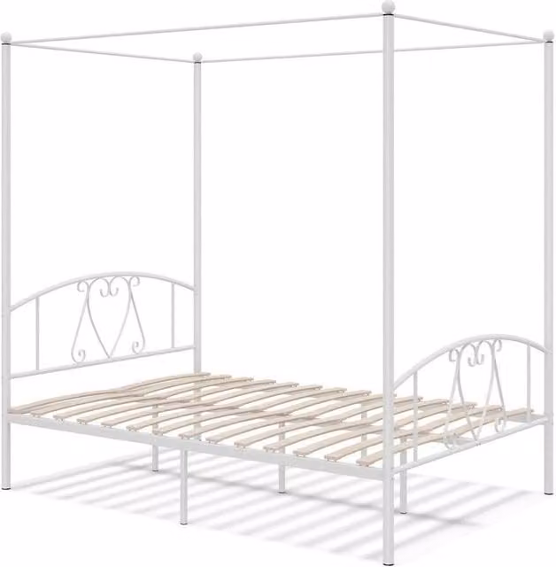 FLAVORA Metal 4-Poster Canopy Bed with Wood Slats in White – 1