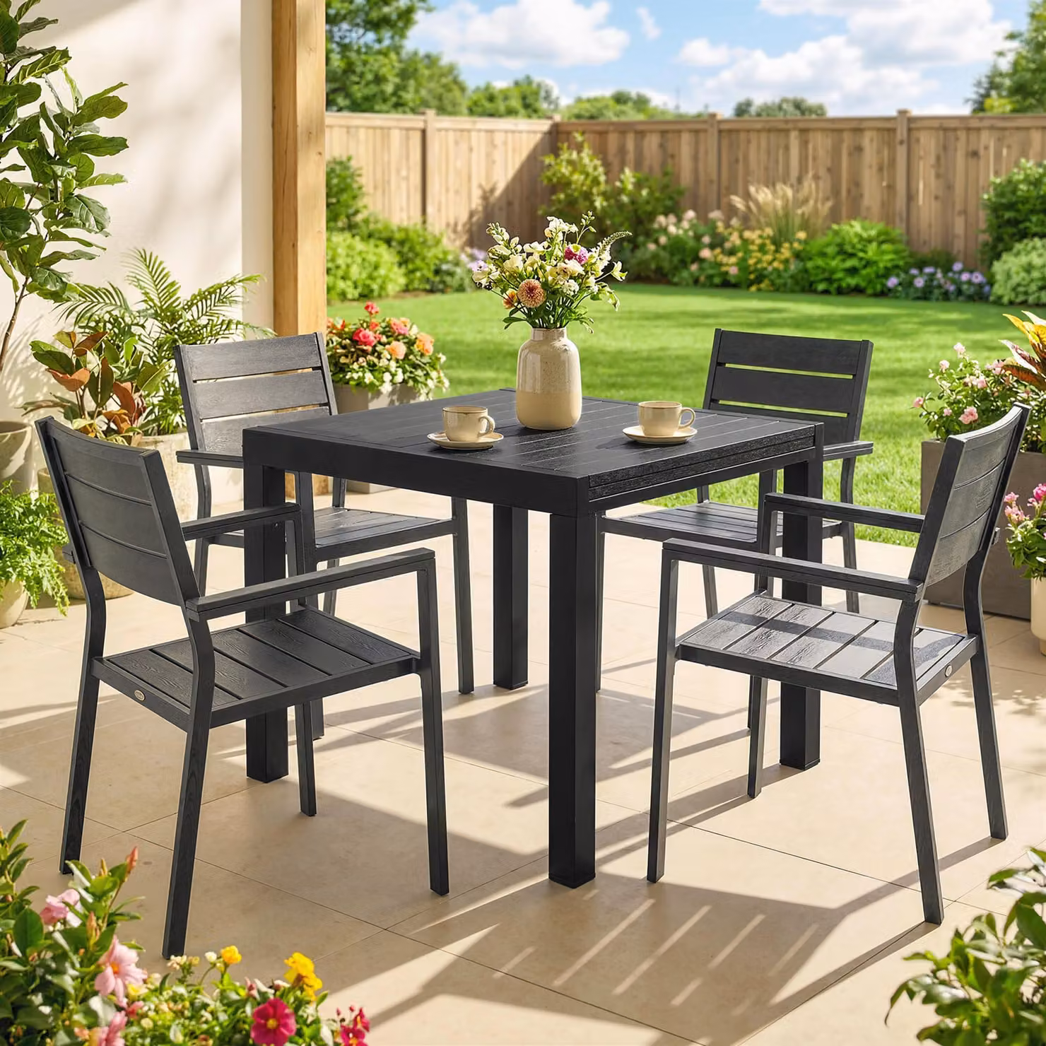Outsunny Extendable Rectangular Garden Dining Table with Faux Wood Slatted Top, Black Aluminium – 7