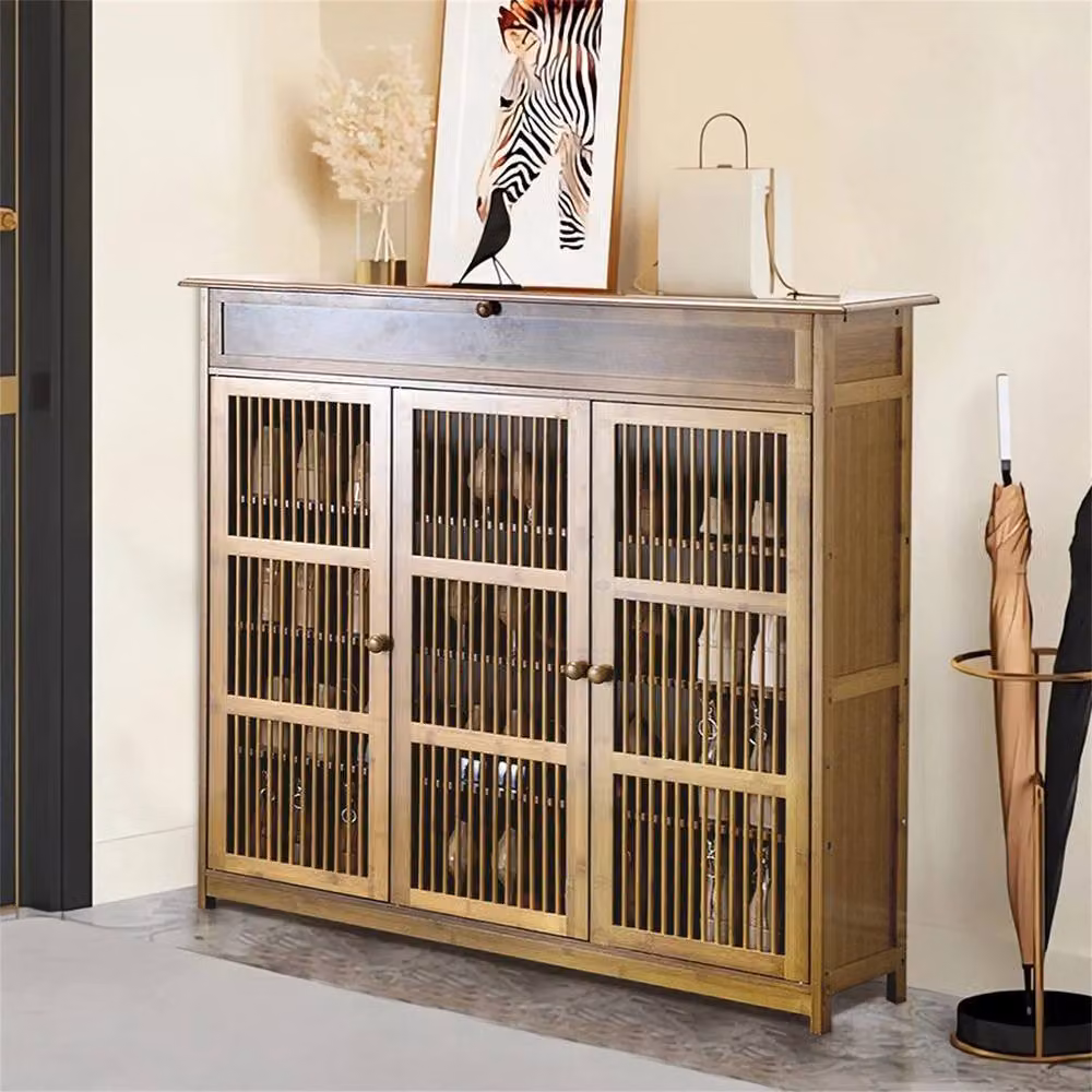 Kelvenix Bamboo Tall Shoe Cabinet in Brown with Hinged Doors and Internal Shelves – 3