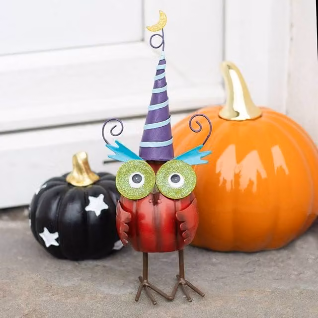 Uniqueful Red and Multicolour Metal Owl Ornament with Witch Hat, Height: 15 cm