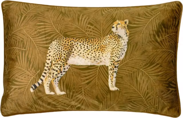 Make it a Home Cheetah Forest Velvet Cushion in Gold and Yellow with Polyester and Feather Filling